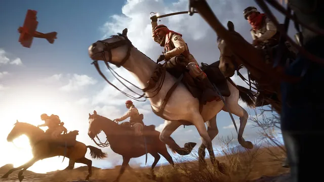 A cavalry charge across the desert with a biplane overhead
