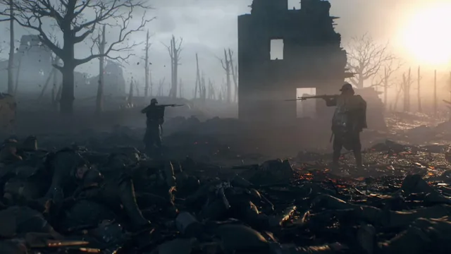 Soldiers advancing through fog and ruins across no man's land