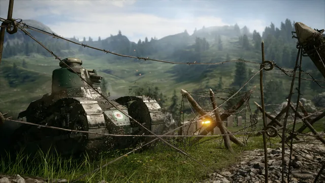 A light tank dug in behind barbed wire in an alpine valley