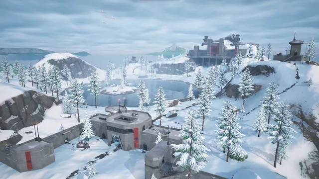 First Order Base seen from the air, cut into a snowy mountainside