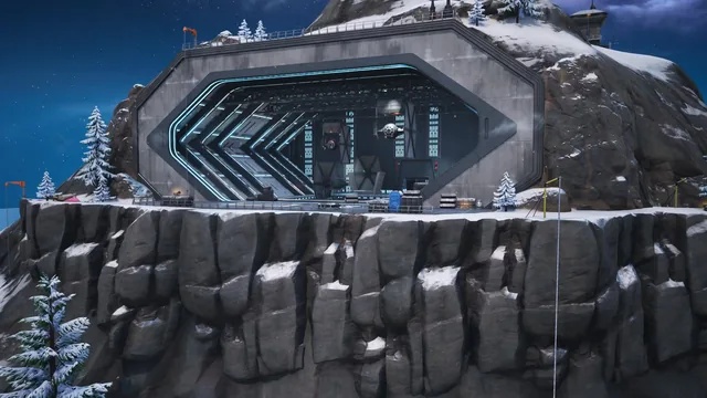 The hangar mouth of First Order Base in the snow