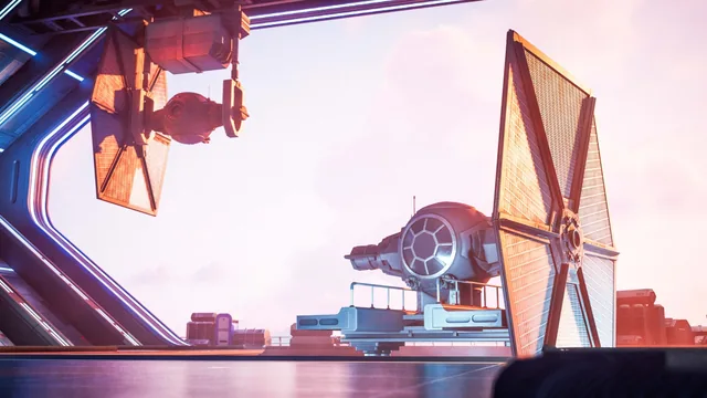 A TIE fighter suspended in the First Order hangar