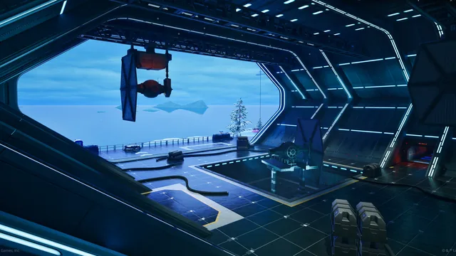 A TIE fighter viewed from inside the First Order hangar