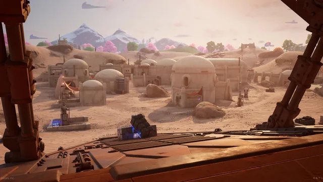 Domed structures and scrap across the desert outpost