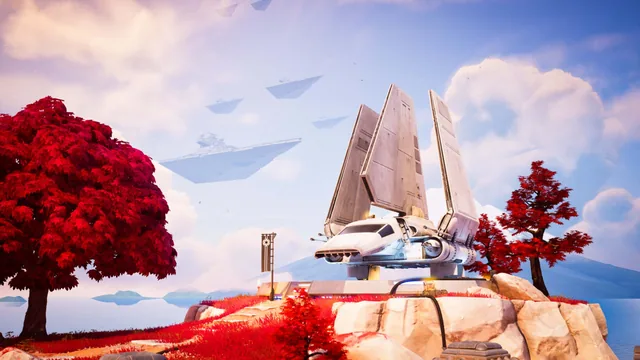 An Imperial shuttle on a rocky outcrop among red maples