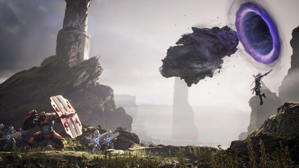 A hero leaping toward a swirling portal as a boulder is hurled past