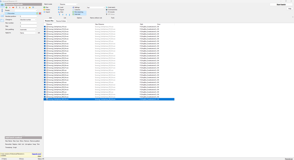 Batch renaming Sevarog dialogue files in Advanced Renamer against the naming convention