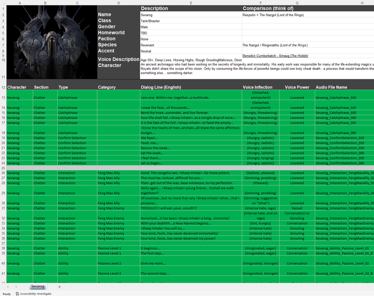 Per-character VO script showing Sevarog's bio, voice direction and the full line-by-line dialogue table