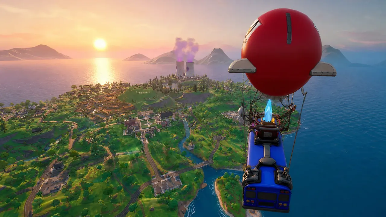 Fortnite — The Simpsons Season: Battle Bus over the Simpsons map