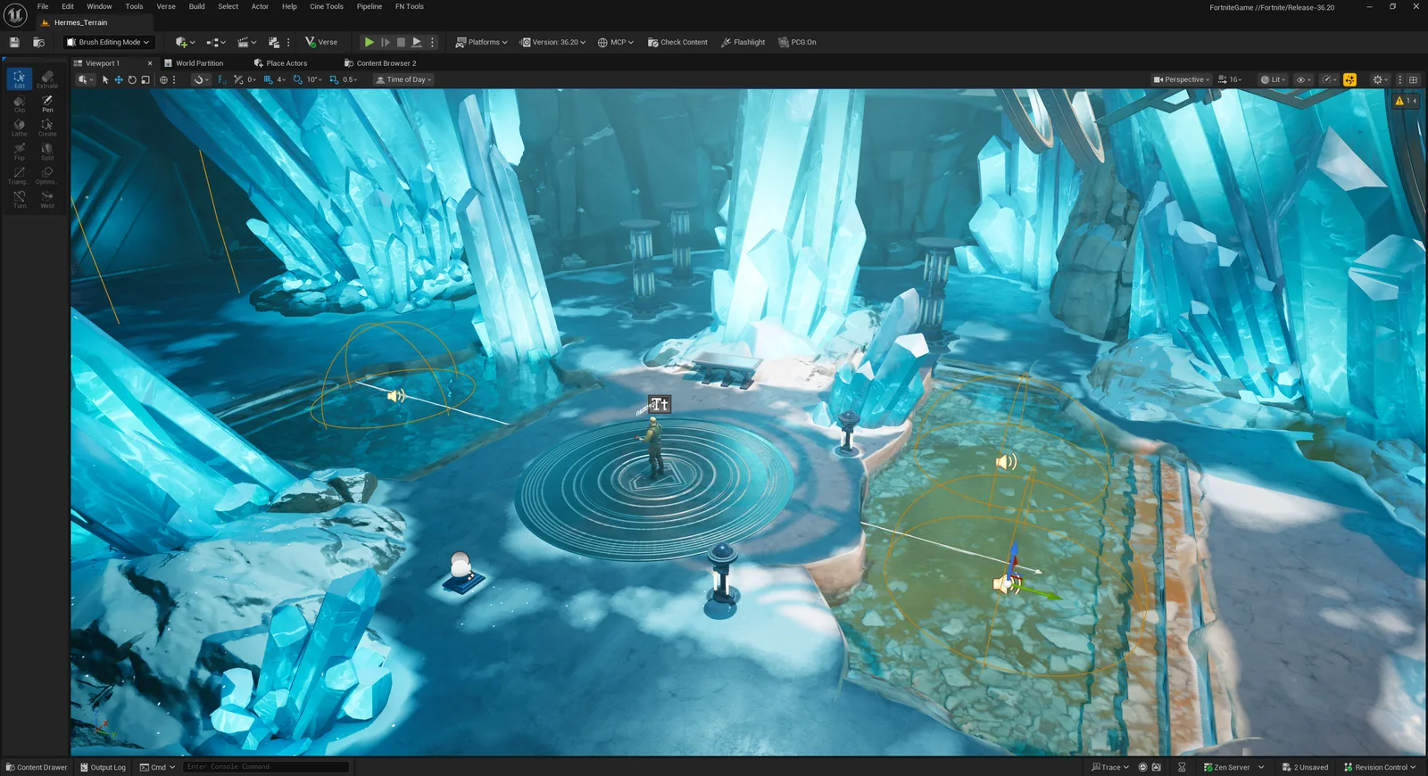 The Fortress of Solitude interior open in the Unreal editor, showing the audio actors placed around the crystal hall