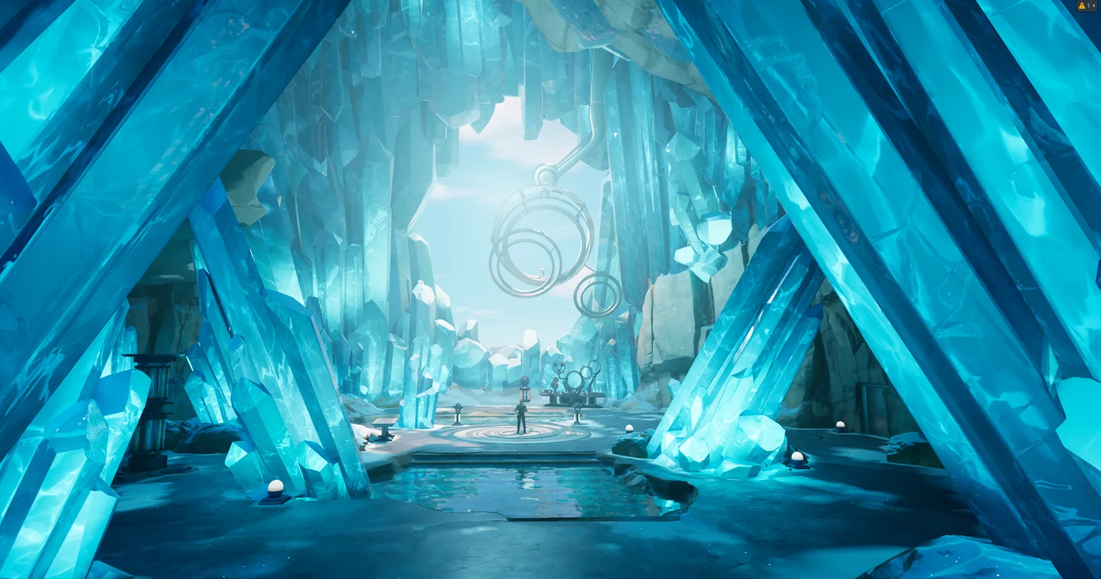Inside the Fortress of Solitude: large blue crystals framing a pool and a ring-shaped structure at the far end of the hall