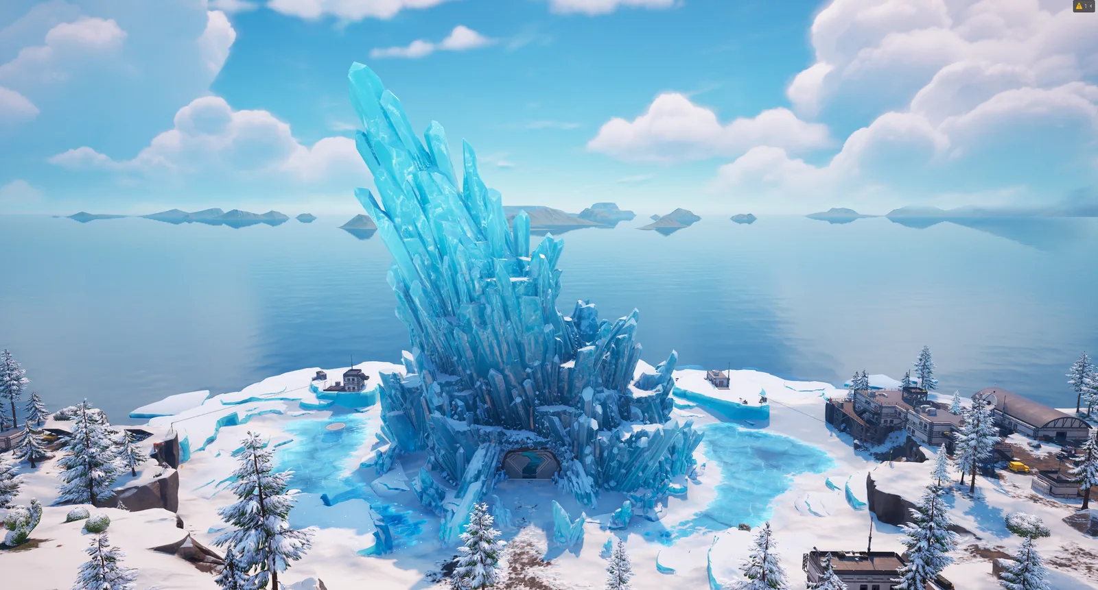 The Fortress of Solitude, a tall crystal formation rising from an ice shelf in the middle of a calm lake, with buildings and snow around it