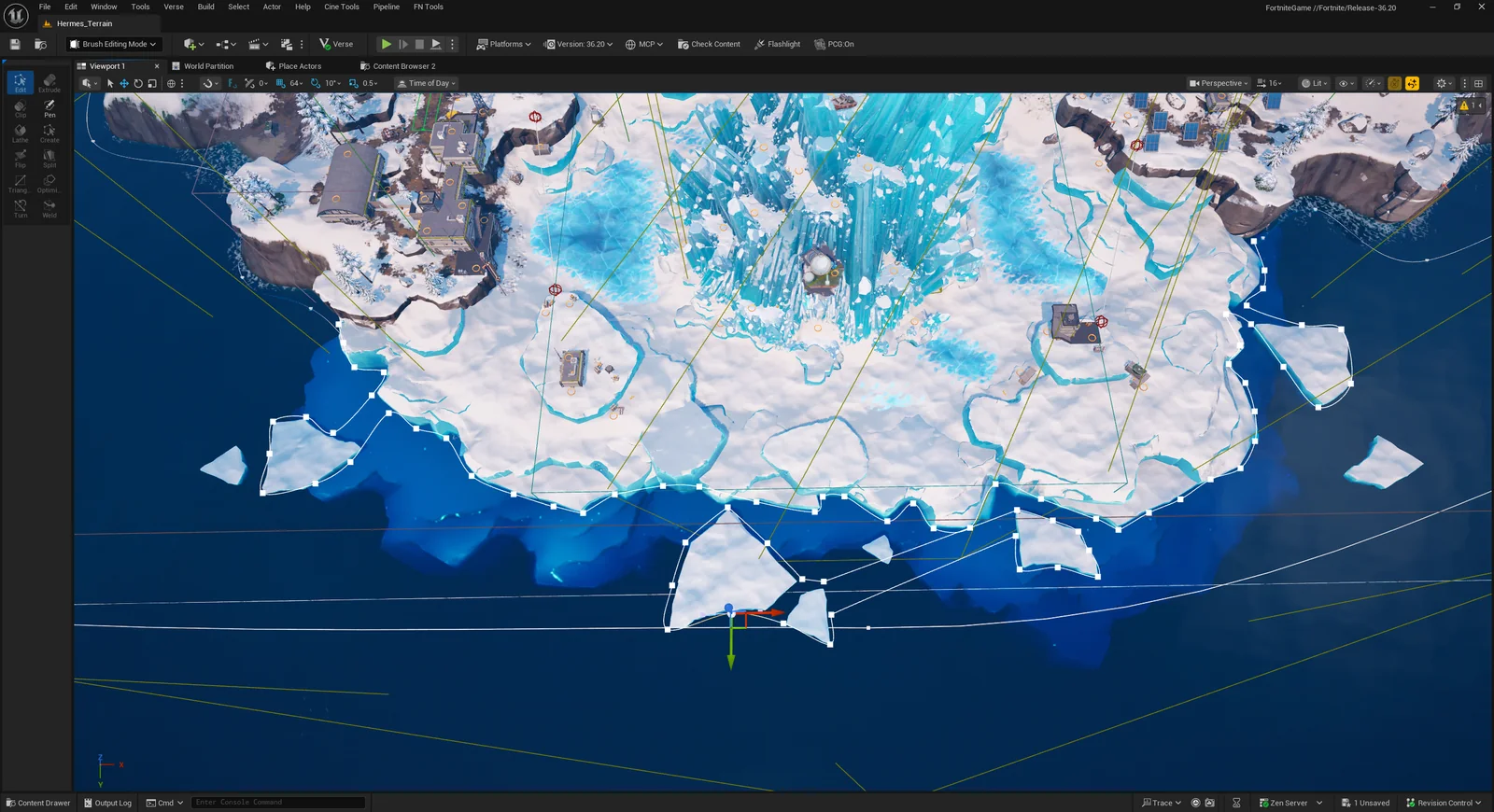 Top-down view in the Unreal editor of the new shoreline spline drawn around the icebergs